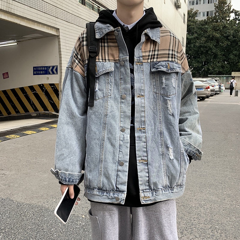 Áo khoác jean denim nam nữ unisex form rộng vai phối caro, áo khoát jacket jean nam nữ phong cách Hàn Quốc 2022