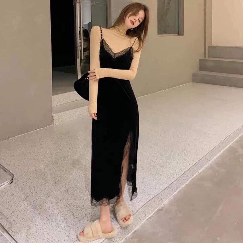 Set áo cổ lọ + váy 2 dây