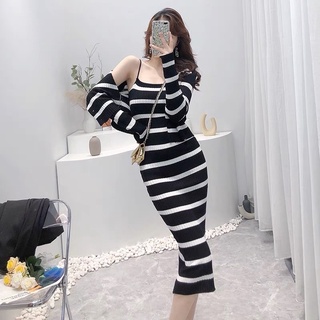 set váy len basic : đầm váy len 2s 2 dây body + áo choàng len cardigan (37005#)