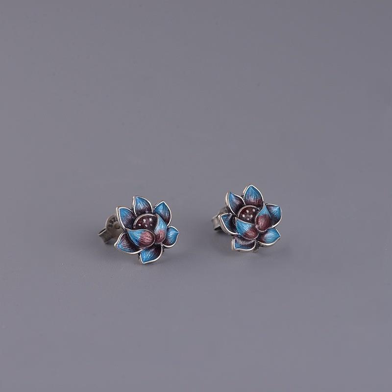 Miyan Bông Tai Mạ Bạc 925 Hình Hoa Sen Xanh Dương Phong Cách Dân Tộc retro Thời Trang Cho Nữ