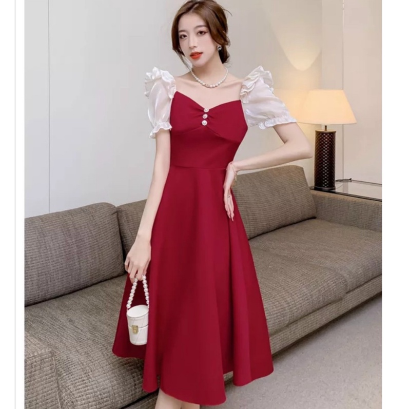 Đầm Dự Tiệc Cổ Vuông Dáng Xòe Phối Lưới,Váy Nữ Thiết Kế (For Phối Voan Kiếng ) Tiểu Thư Dạo Phố Sang Chảnh XM Minh Phúc