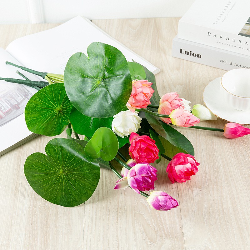 Hoa giả - Cụm cây hoa sen lụa kèm lá tuyệt đẹp trang trí phòng khách