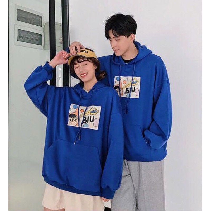 Áo đôi hoodie nam nữ from rộng màu xanh, áo cặp thu đông unisex basic