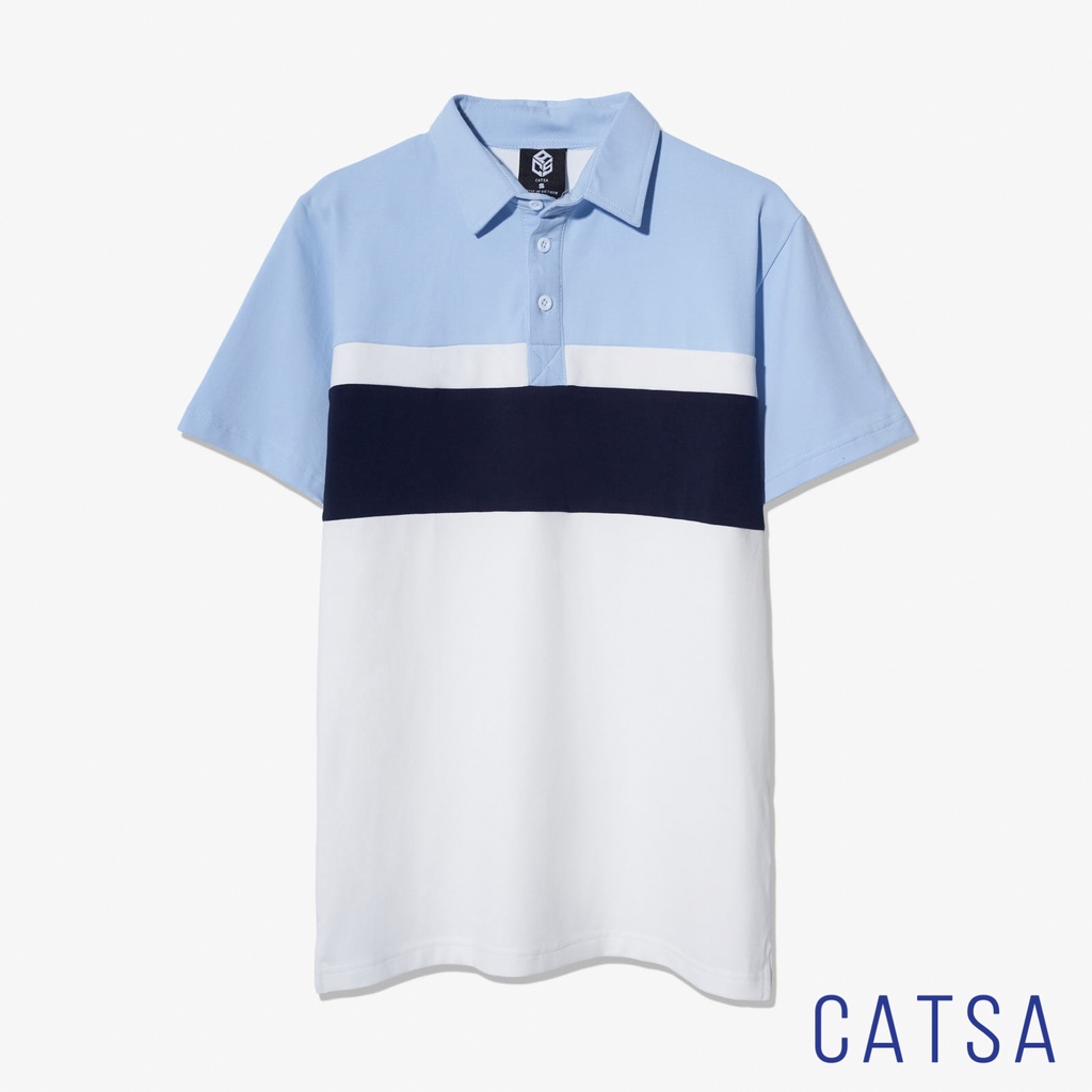 Áo Polo nam trắng phối xanh biển vải cá sấu Cotton xuất xịn, chuẩn form - CATSA ATP269