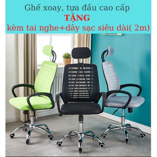 Ghế văn phòng xoay cao cấp, nệm lưới, tựa đầu TẶNG kèm tai nghe và dây sạc điện thoại ( dây dài 2m)