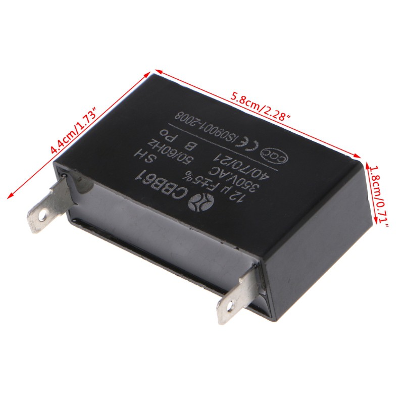Tụ điện CBB61 12uF 50/60Hz 350VAC kích thước 58x28x44mm dành cho mô tơ quạt điện