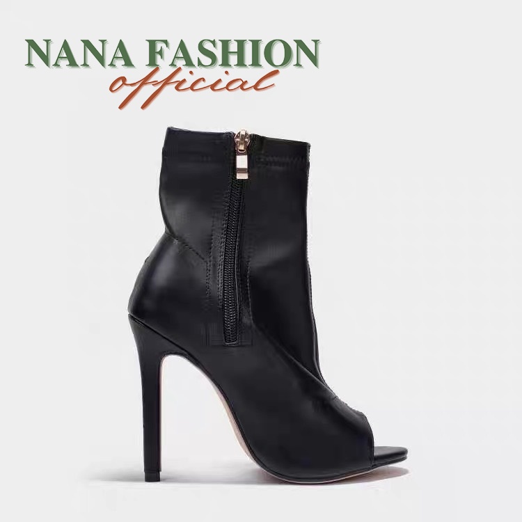 Boots lửng da hở mũi gót nhọn 10cm sang - Xịn - Chảnh Quảng Châu cao cấp