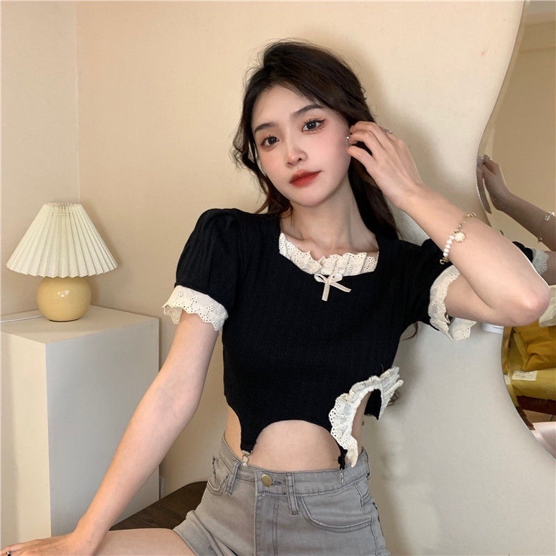 Áo Thun Eo Cao Thiết Kế Ren Thời Trang Mùa Hè Nhẹ Nhàng Thông Dụng Cho Nữ