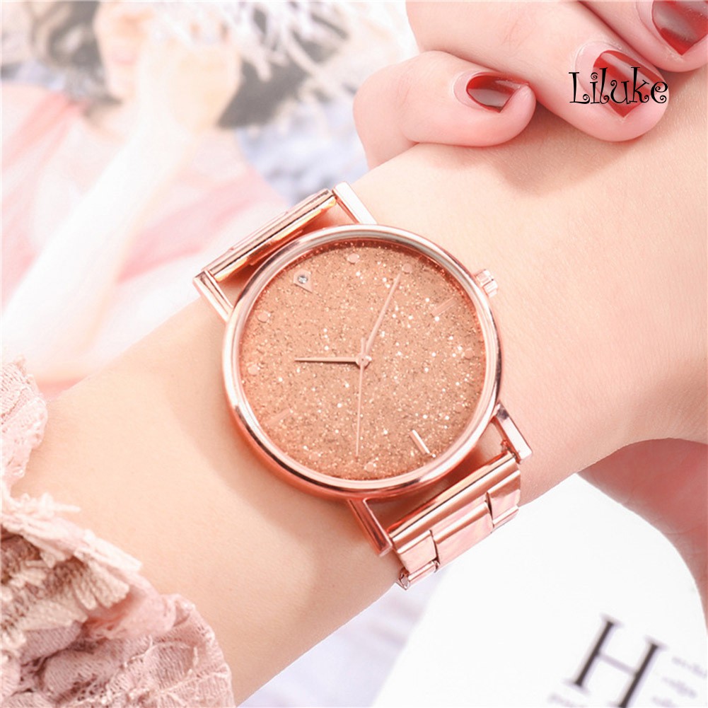 Đồng Hồ Đeo Tay Mặt Tròn Họa Tiết Sao Lấp Lánh Dây Thép Không Gỉ Thanh Lịch Cho Nữ