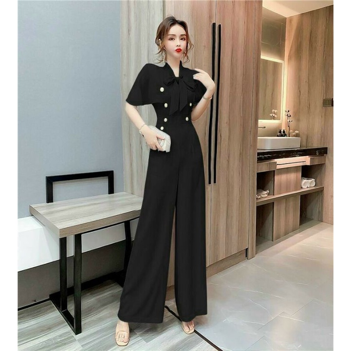 Hàng nhập - Jumpsuit dài ống rộng tay cánh tiên, bộ jum đồ bay lụa phối voan