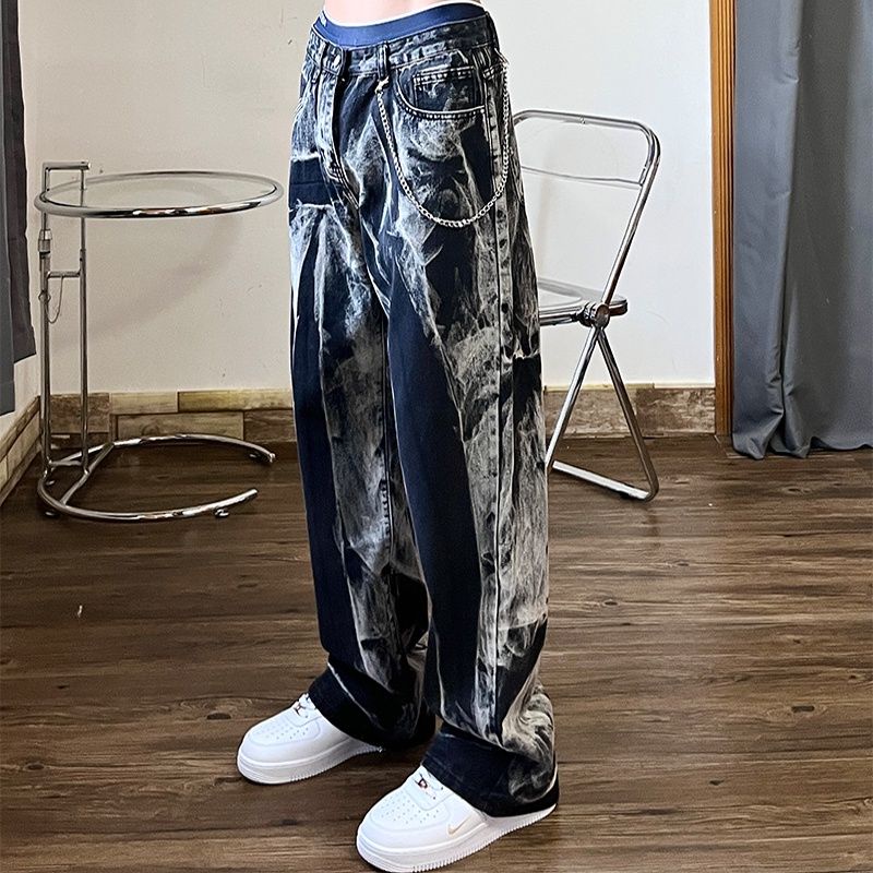 Quần jeans iMaodou ống rộng màu sắc nhuộm phong cách hip hop âu mỹ cho nam nữ