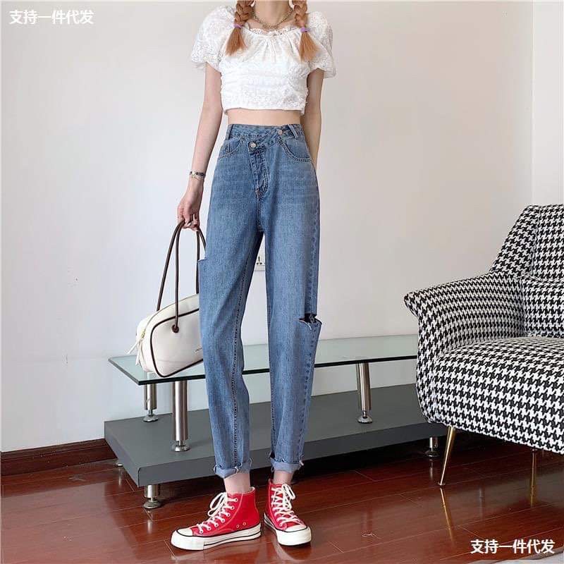 Quần jeans baggy cạp lệch rách sườn siêu hot