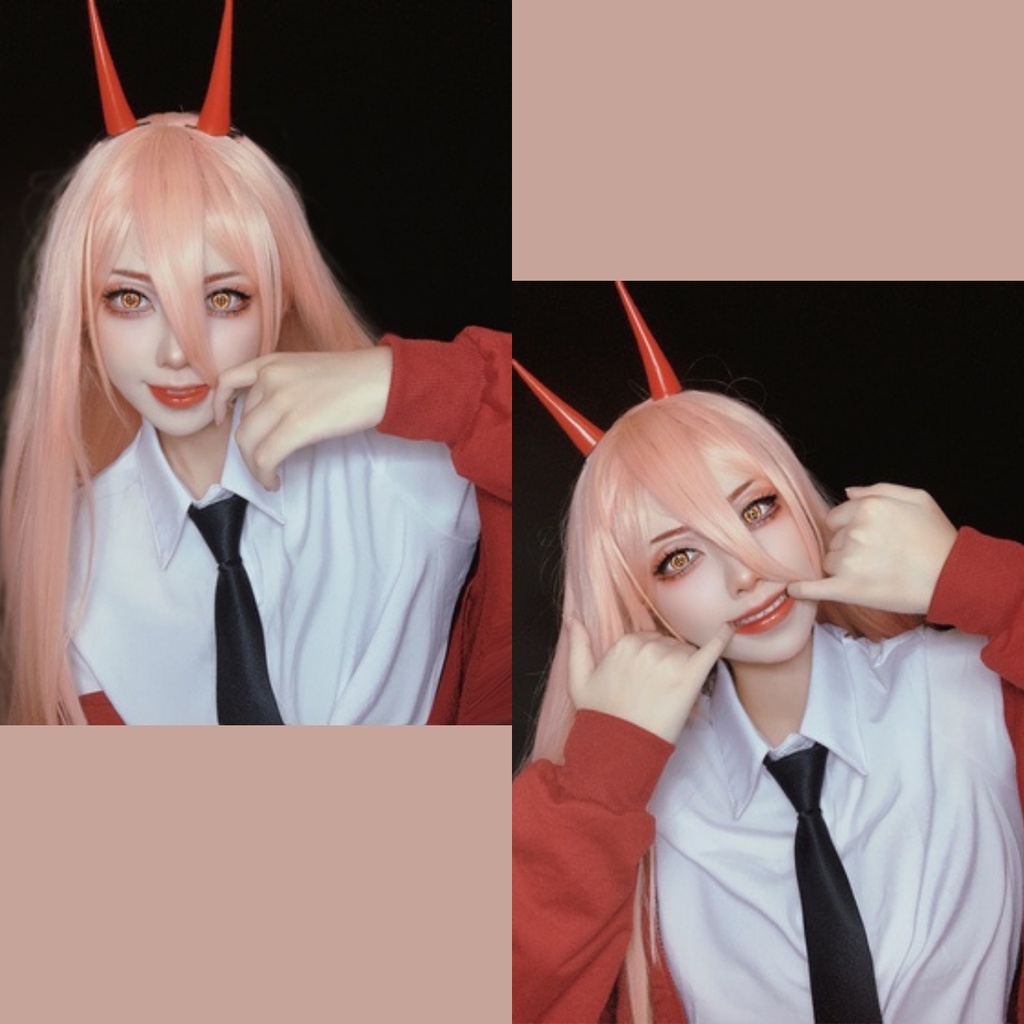 Wig/tóc giả cosplay Power Chainsaw Man màu hồng cam 100cm