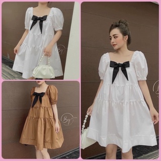 Đầm babydoll nữ -Váy trắng nữ xoè cổ vuông đính nơ chất thô mềm về đủ 2 màu