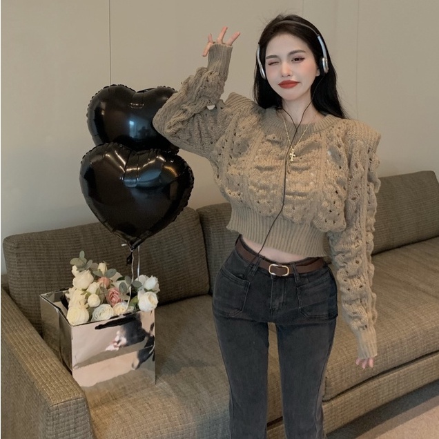Áo len ZHELIHANGFEI dệt kim mỏng tay phồng dài xinh xắn thời trang Hàn Quốc cho nữ