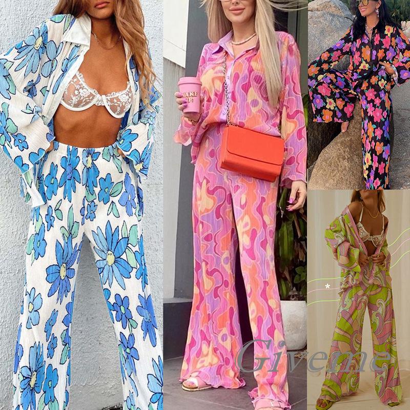 Set 2 Món Áo Sơ Mi Tay Dài In Họa Tiết Hoa/Sân Cây Phối Quần Dài Dáng Rộng Thời Trang Cho Bạn Gái