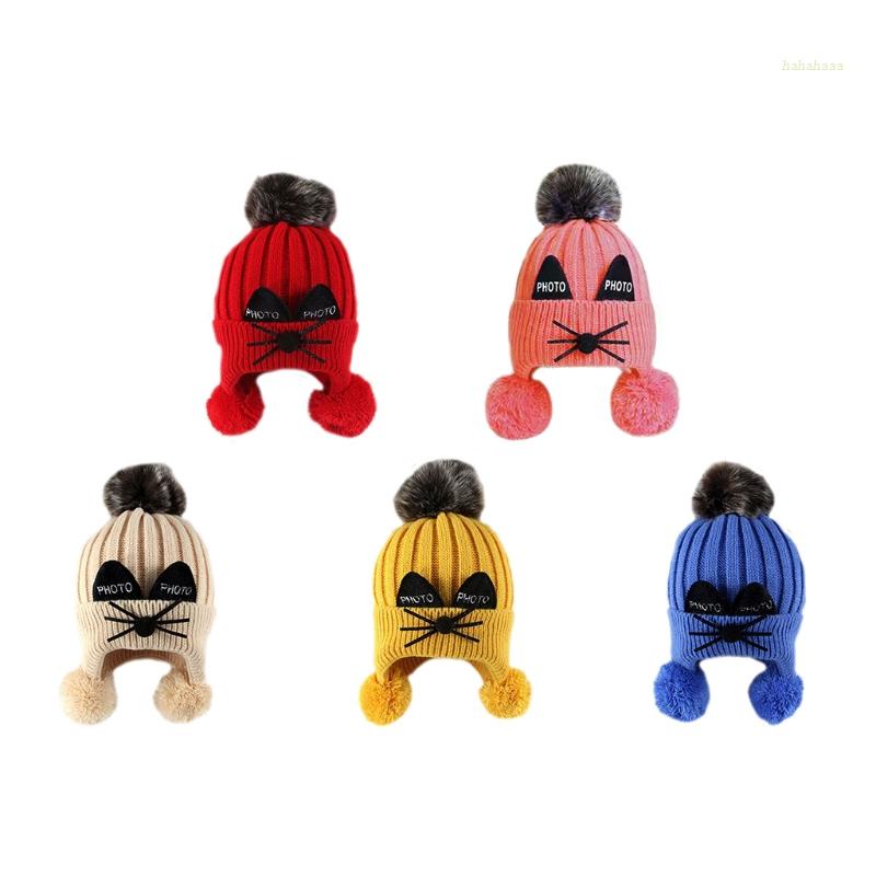 Mũ Beanie Dệt Kim Đính Bóng Lông Giữ Ấm Tai Thời Trang Thu Đông Cho Bé
