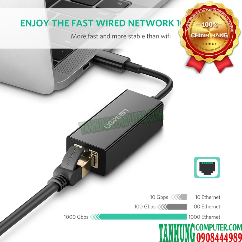 Cáp USB Type C 3.1 sang LAN 1Gbps Ugreen 50307 US236 Chính Hãng màu đen