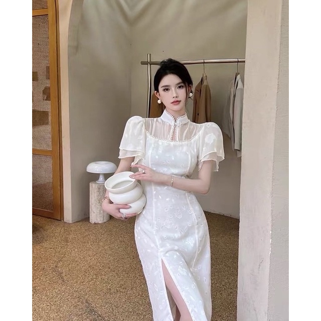 Đầm Váy Trắng Xẻ Tà Sườn Xám Dáng Dài Tay Ngắn Cổ Tàu 2 Lớp Mặc Đi Tiệc Đi Chơi (Hình Thật)