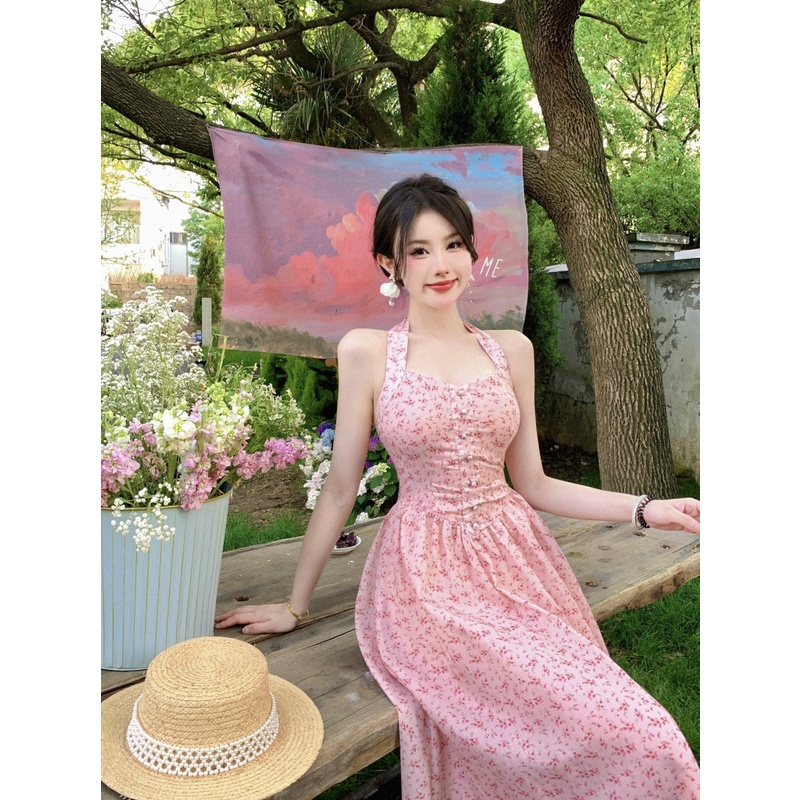 Đầm midi hoa nhí cổ yếm phong cách retro cổ điển tiểu thư Pháp, váy midi hoa nhí đi biển siêu xinh