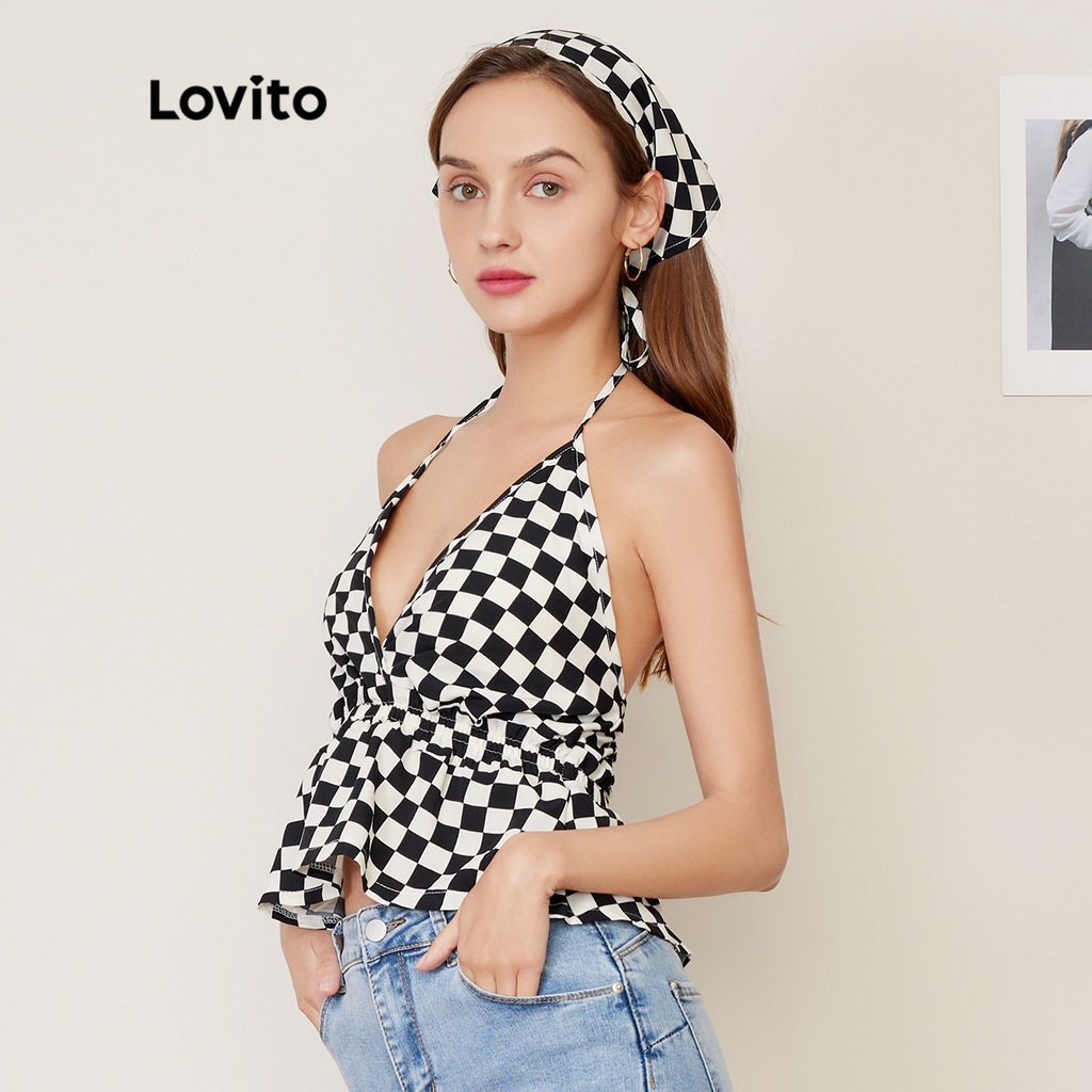 Áo không tay Lovito cổ V in kẻ ô bàn cờ có đệm ngực và khăn trùm đầu phong cách ngày thường L27AD160 (màu đen và trắng)