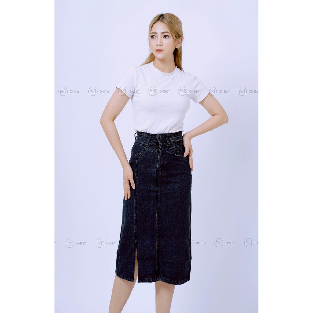 Chân váy suông dài xẻ tà cạp cao đen trơn phong cách Ulzzang Omeily | BigBuy360 - bigbuy360.vn