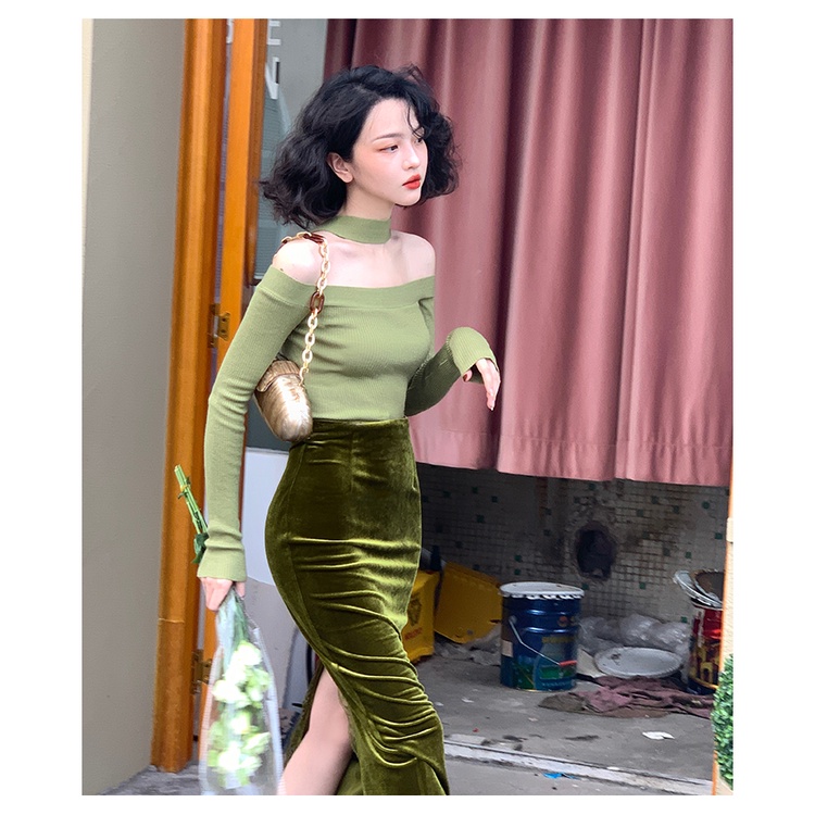 Áo dệt kim SUXI trễ vai dáng ôm thời trang màu thu quyến rũ cho nữ