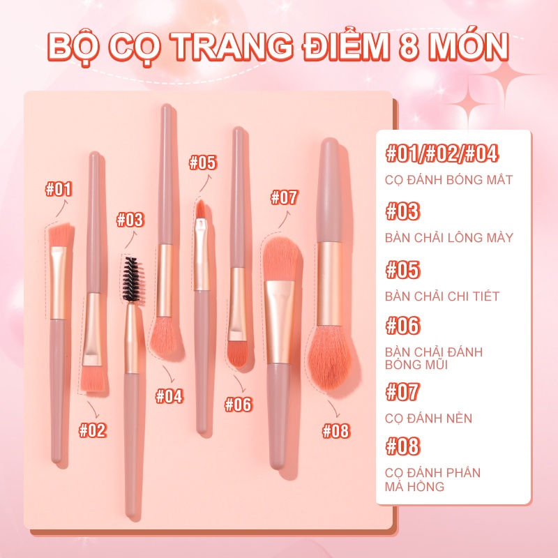 Bộ 8 cọ trang điểm lông mềm mini tiện dụng