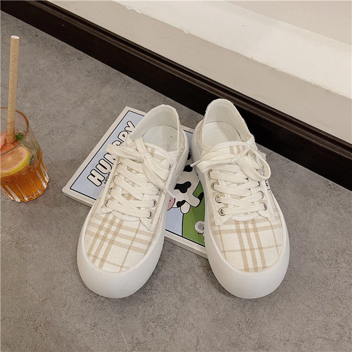 2021 spring and summer fashion casual shoes female plaid color matching design lace-up platform college style simple sneakers
