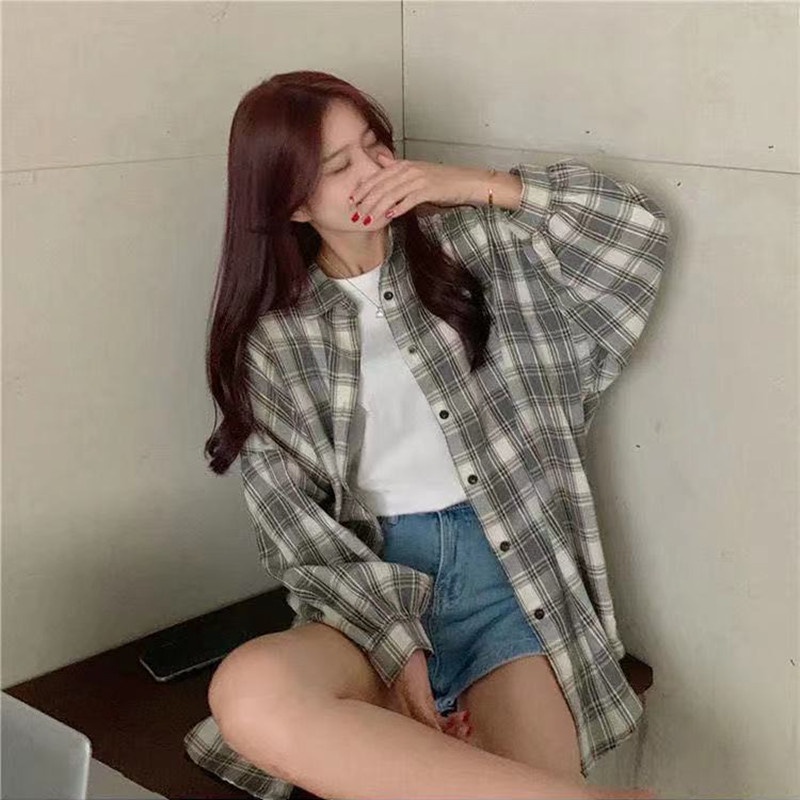Áo sơ mi SUXI họa tiết caro dáng rộng phong cách Hàn Quốc thời trang dành cho nữ