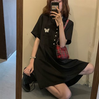 Váy đen cổ Vest thêu bướm túi áo dáng xòe Retro phong cách Hàn Quốc [Mới]