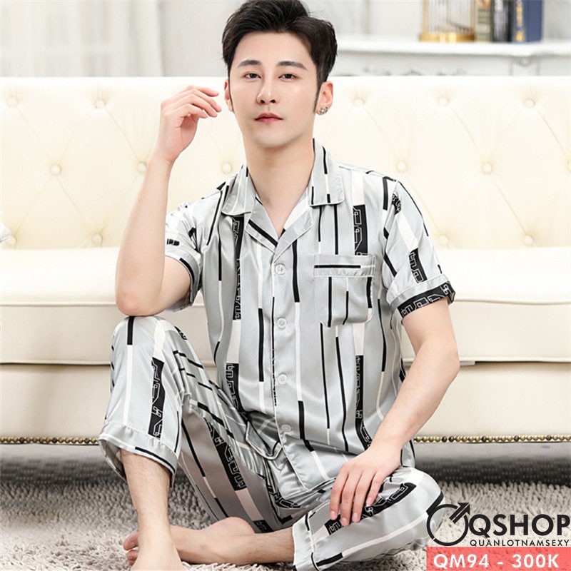 Bộ đồ ngủ đồ mặc nhà pijama nam lụa satin mềm mịn Qshop QM34