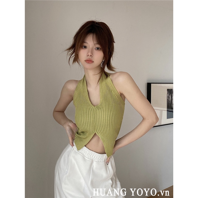 Áo Dệt Kim Cổ Yếm Dáng Ngắn Thời Trang Hàn Quốc Quyến Rũ Cho Nữ