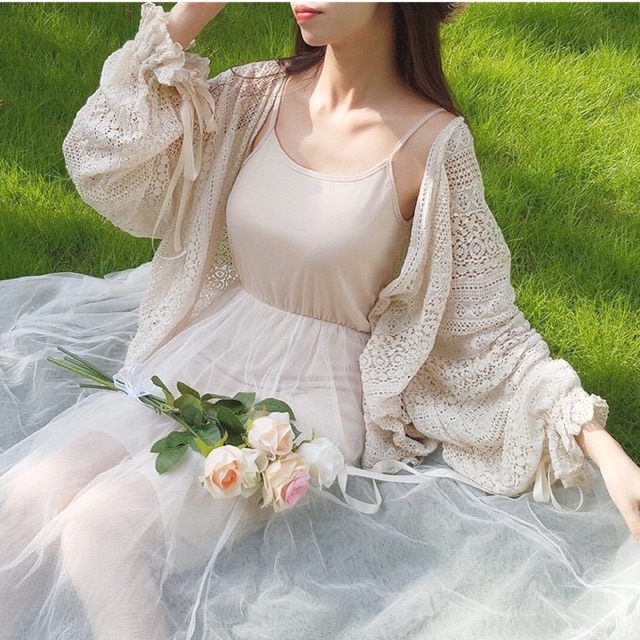 Áo Khoác Cardigan Ren Tay Nơ Đi Biển ❤️freeship ❤️ ảnh thật
