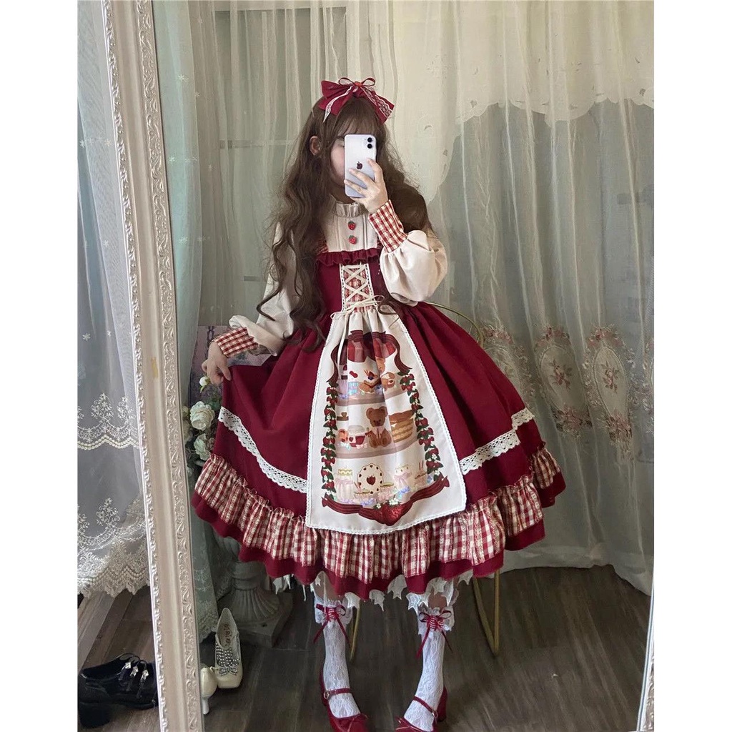 Hàng Có Sẵn Đầm Lolita Hóa Trang Cô Bé Quàng Khăn Đỏ Dài Tay Phong Cách Retro Nhật Bản Dễ Thương