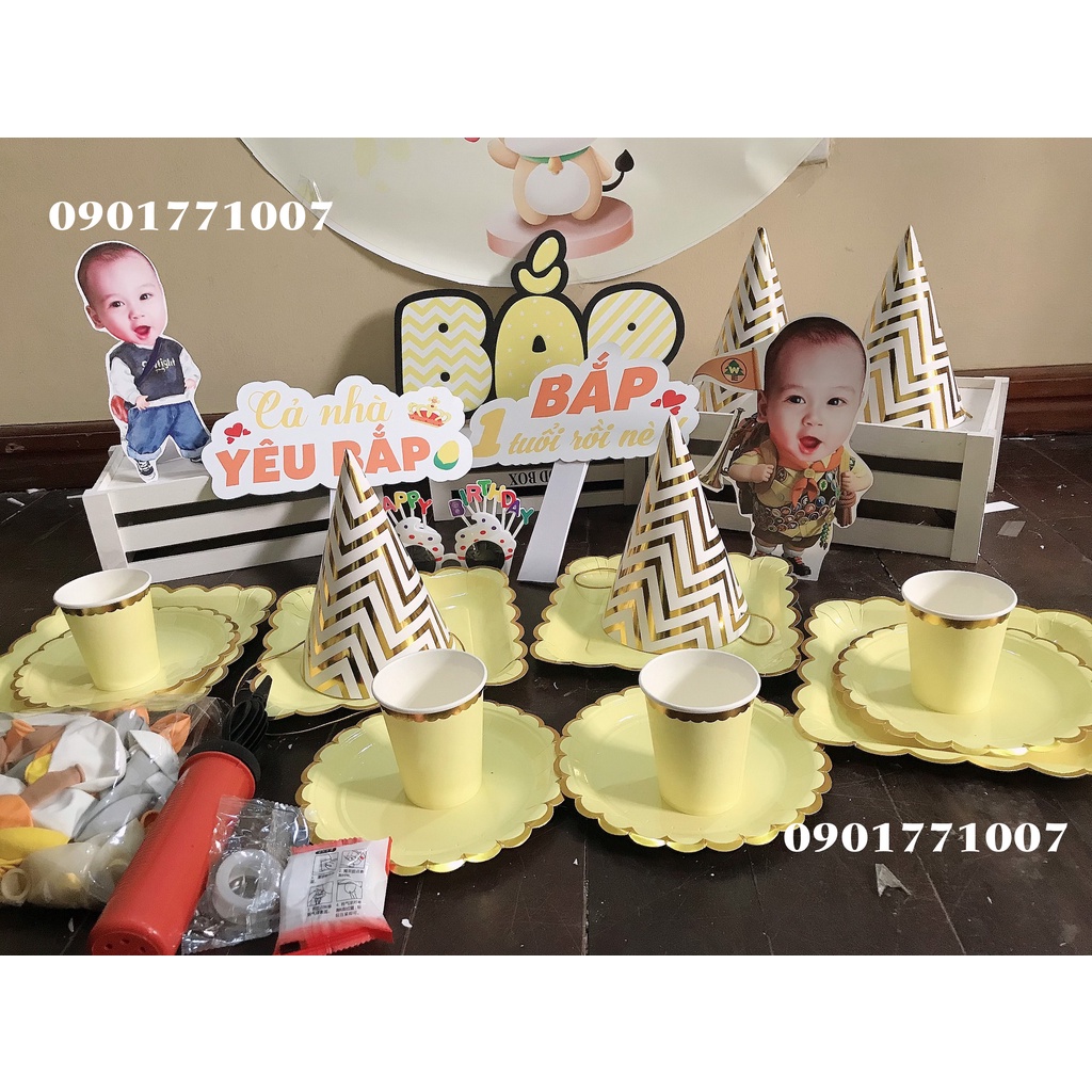 Set trang trí sinh nhật Mon Party combo phụ kiện sinh nhật cho bé 1 tuổi kèm hình chibi, bóng bay đầy đủ