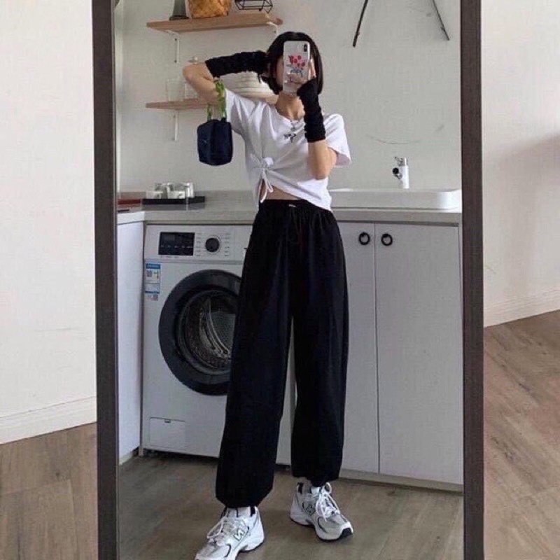 Quần jogger nữ ống rộng unisex màu đen xám cạp cao- Quần jogger mặc đi chơi đi dạo phố