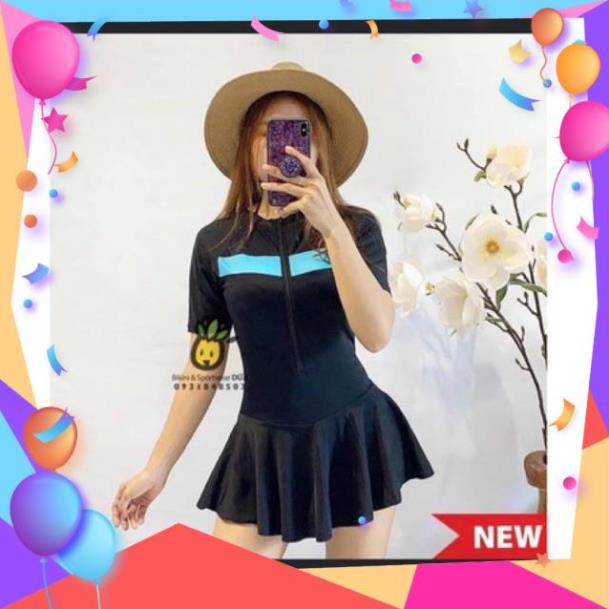 SALE CÓ SIZE, Bikini đồ bơi học sinh liền váy kín đáo tay ngắn phối sọc xanh HOT