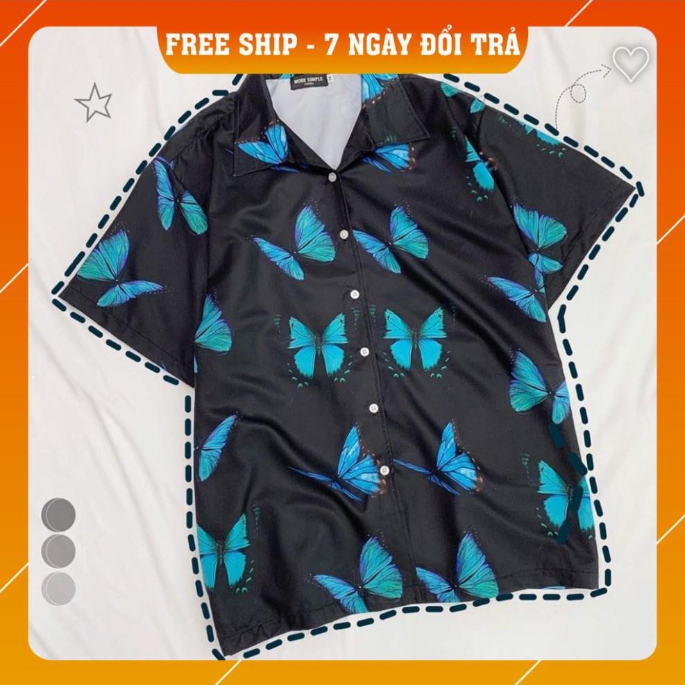 Áo Sơ Mi Tay Lỡ In Họa Tiết Bướm Xanh V1 Unisex (Trắng/Đen) | BigBuy360 - bigbuy360.vn