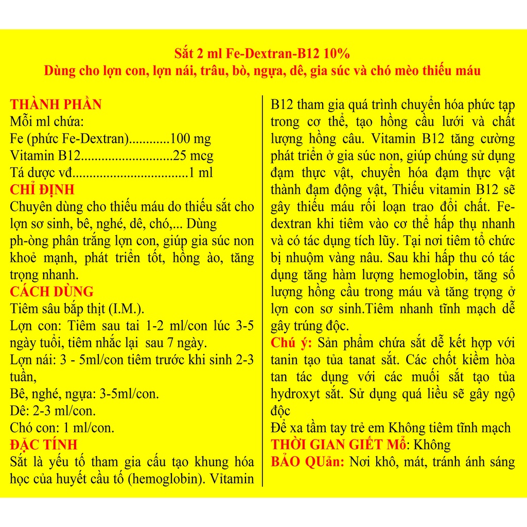 1 vỉ 10 ống Sắt 2 ml Fe-Dextran-B12 10% Dùng cho lợn con, lợn nái, trâu, bò, ngựa, dê, gia súc và chó mèo thiếu máu