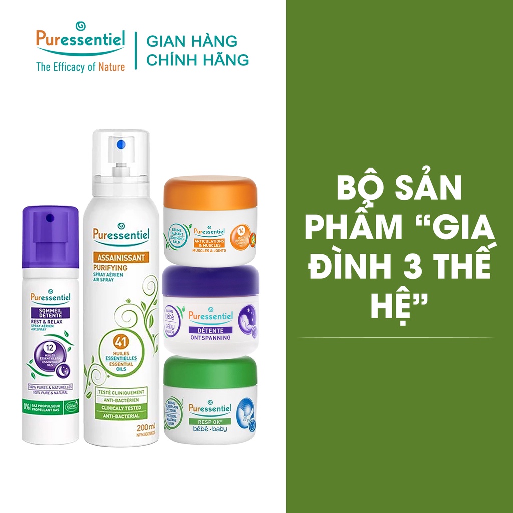 Bộ sản phẩm Gia đình 3 thế hệ Puressentiel - [ Baby Night Care, Xịt khử khuẩn, Sáp đau cơ khớp, Chống mất ngủ ]