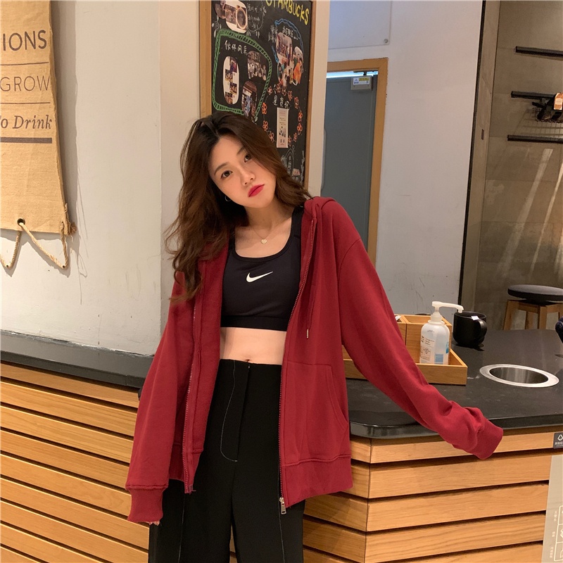 SUXI Áo Khoác Thể Thao Tay Dài Dáng Rộng Phối Khóa Kéo Phong Cách Hàn Quốc Thời Trang Cá Tính Cho Nữ