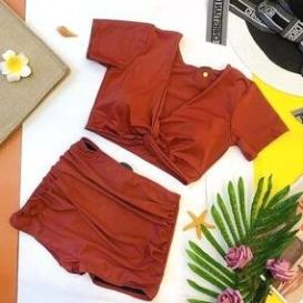 BIkini 2 mảnh áo cộc tay xoắn bụng quần nhún, bộ bơi rời đi biển cho nữ quần đùi | BigBuy360 - bigbuy360.vn