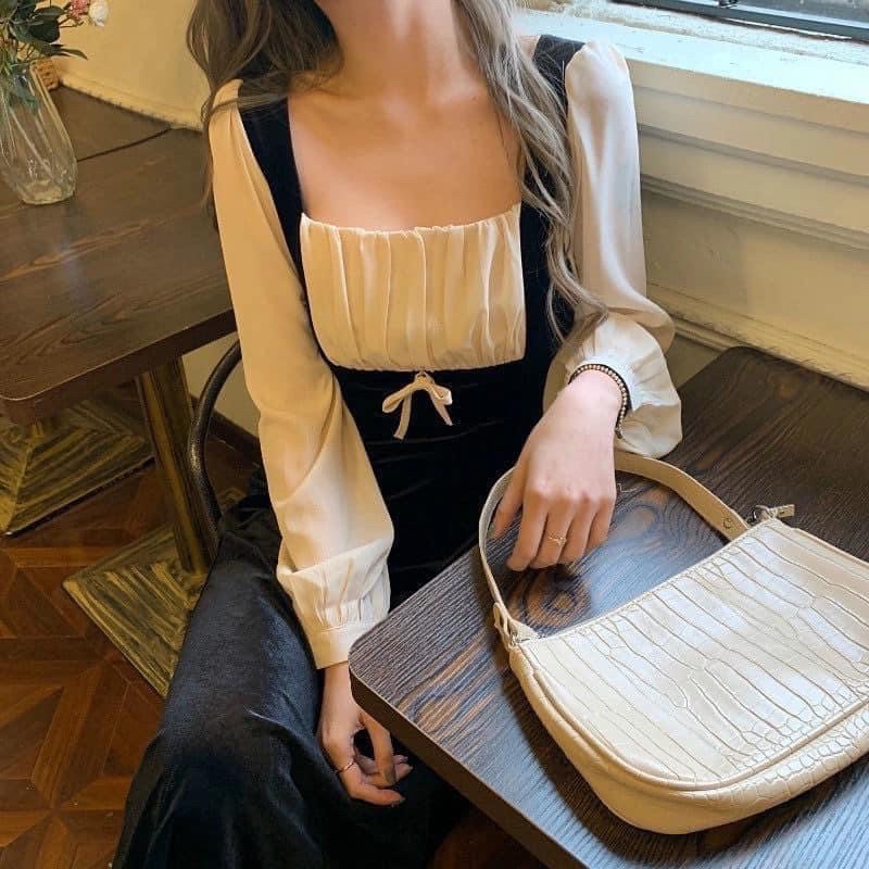 Váy nhung phối nơ tiểu thư phong cách Hàn Quốc nữ tính loại 1