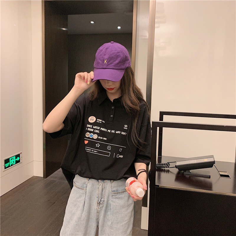 Áo thun polo unisex ulzzang dáng rộng giấu quần tay lỡ HPL102, mẫu áo cổ bẻ cotton kiểu dáng suông rộng cá tính