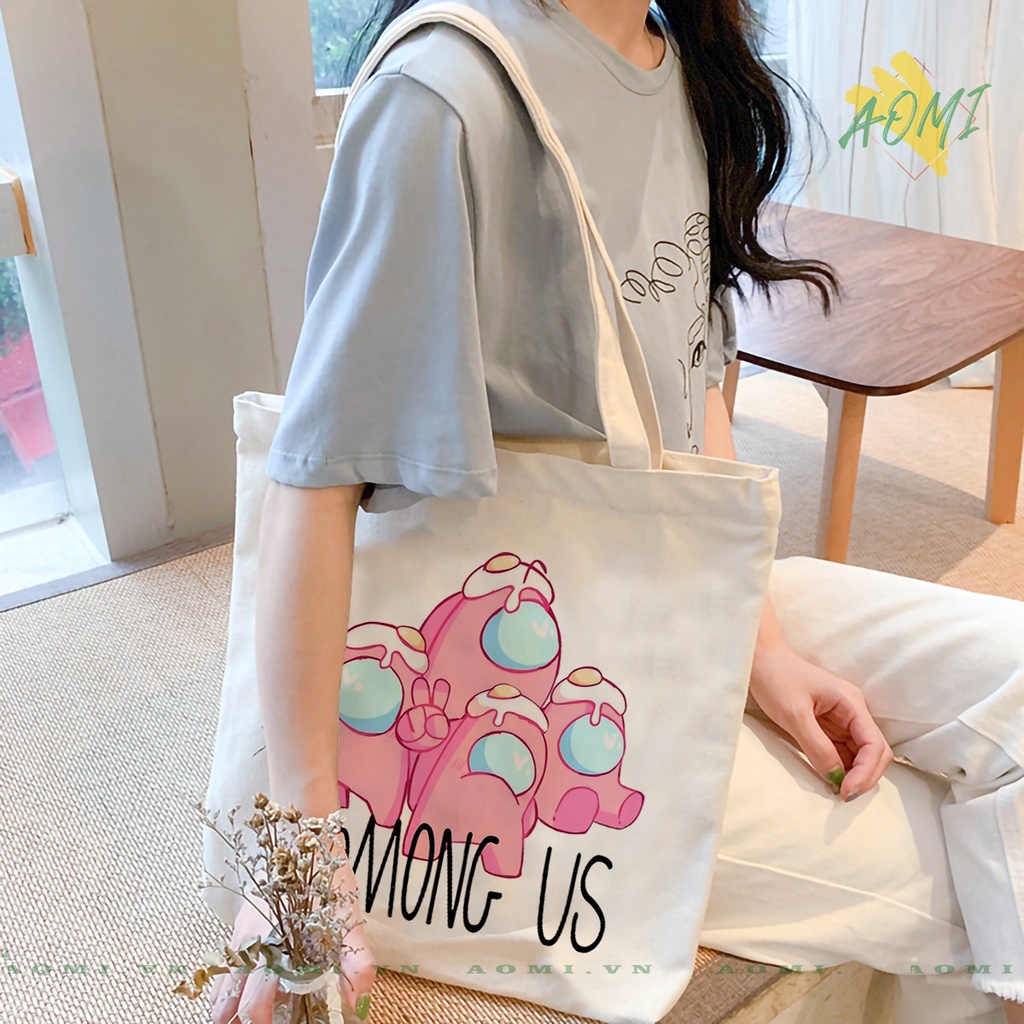 TOTE CANVAS AMONG US FORM TRÒN TÚI VẢI ĐEO VAI BAG NÚT BẤM SIZE LỚN AOMIVN DU LỊCH  MÀU ĐEN TRẮNG