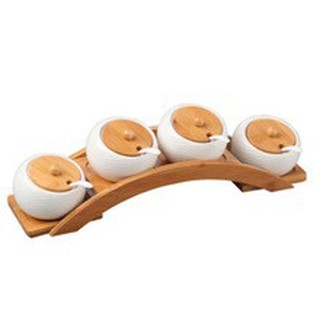Bộ gia vị bằng gốm nắp gỗ