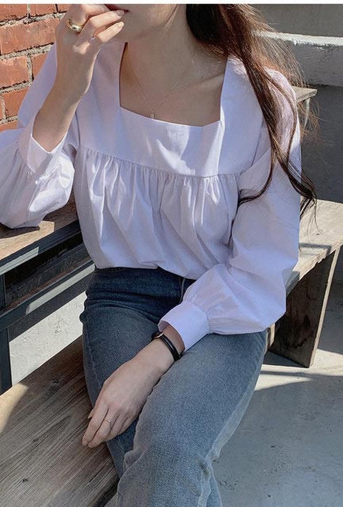 Áo Sơ Mi Nữ Tay Dài Cổ Vuông Màu Xanh Dương Dễ Phối Đồ Thời Trang 49734