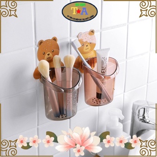 Cốc gấu dán tường để bàn chải đánh răng hình gấu có lỗ thoát nước tiện lợi, chất liệu nhựa kèm miếng dán tường