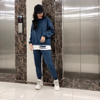 (FREESHIP) Bộ nỉ hoodie nữ phối rách cá tính vải thun cực đẹp